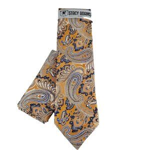 Stacy Adams Men's Tie Hanky Set Champagne Cobalt Blue Gold Navy Paisley 3.25"